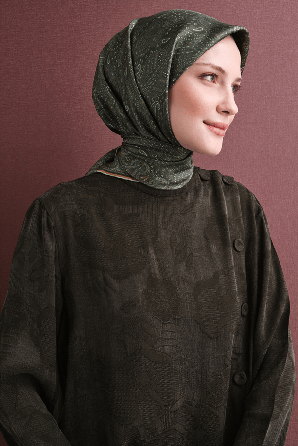 Armine Sura Saf İpek Eşarp 9631 52 Haki Etnik  Desen 