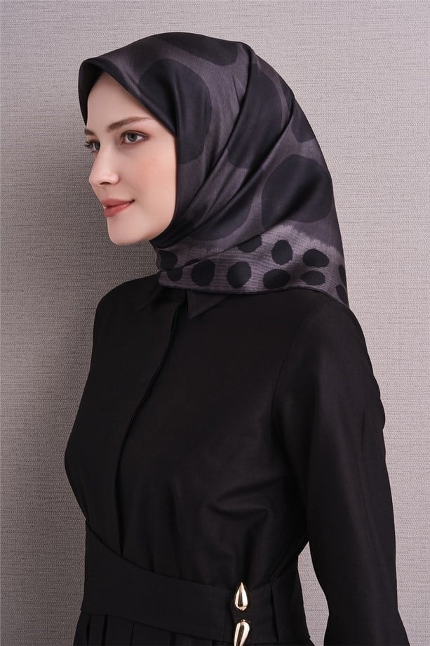Armine Sura Saf İpek Eşarp 9637 50 Antrasit Puantiye Desen 