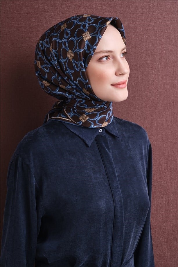 Armine Sura Saf İpek Eşarp 9638 37 Kahverengi Kemer Desen 