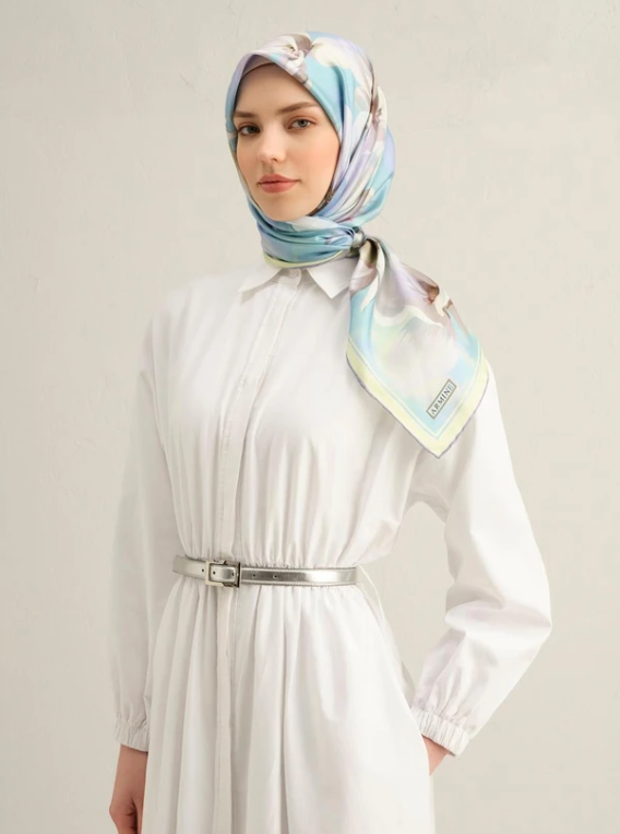 Armine Tivil İpek Eşarp 9305-03 Mavi Karışık Desen 