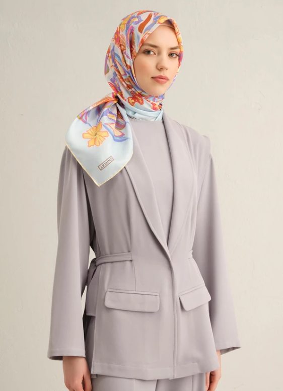Armine Tivil İpek Eşarp 9332-58 Açık Mavi Karışık Desen 