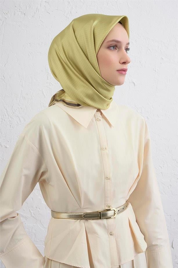 Armine Tivil Saf İpek Eşarp 9401 - 34 Yağ Yeşili Karışık Desen