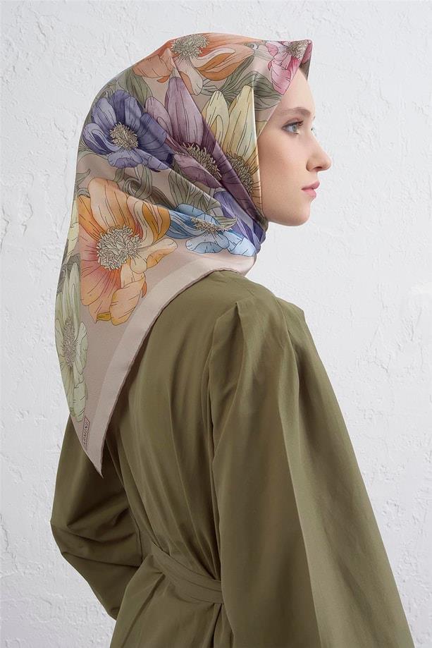 Armine Tivil Saf İpek Eşarp 9403-07 Vizon Karışık Desen