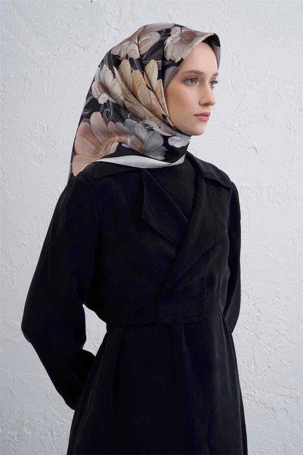 Armine Tivil Saf İpek Eşarp 9403 - 84 Siyah Karışık Desen 