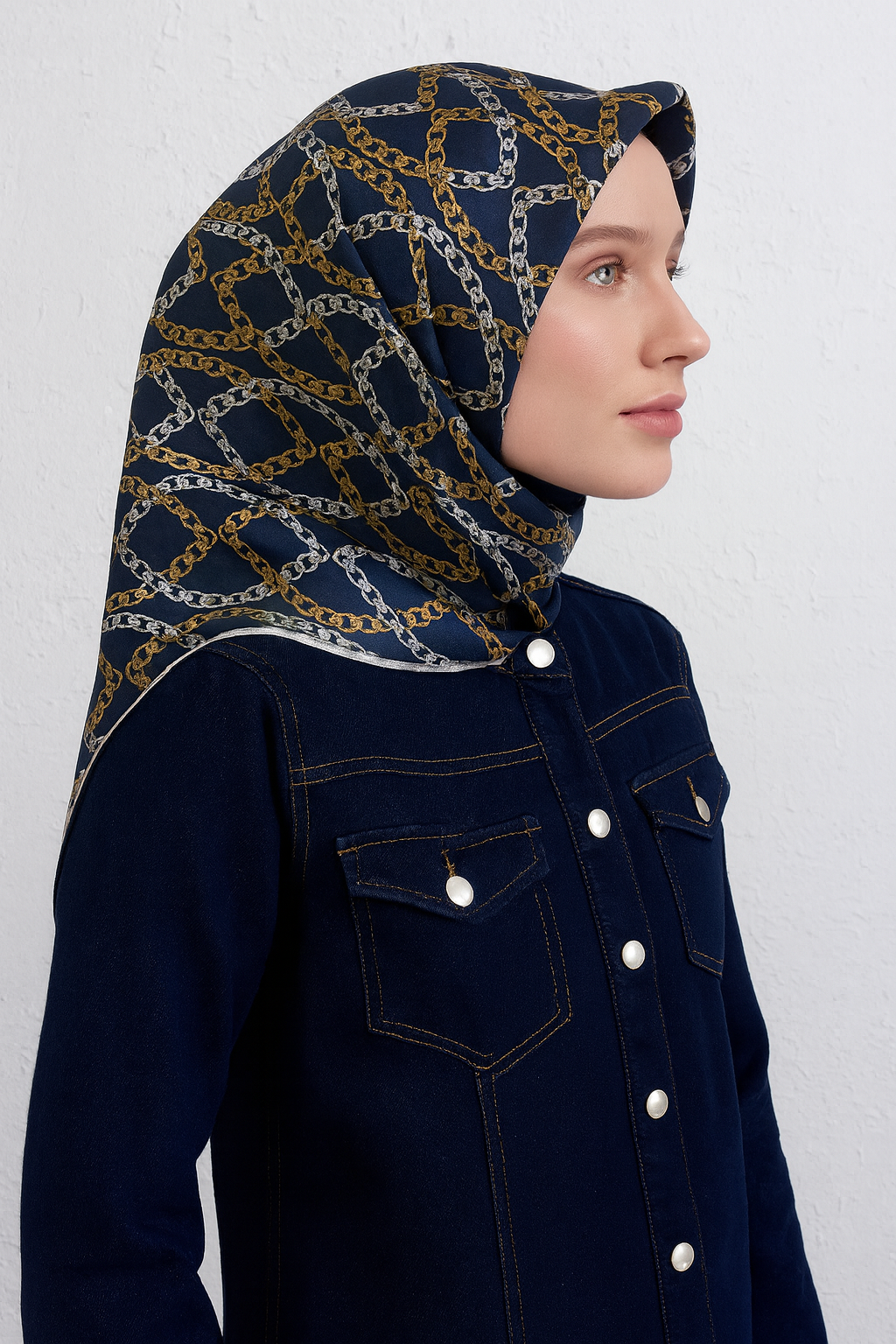 Armine Tivil Saf İpek Eşarp 9410-90 Lacivert Karışık Desen