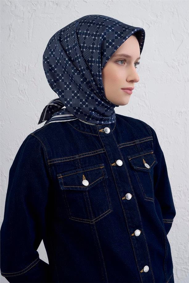 Armine Tivil Saf İpek Eşarp 9440 - 53 Lacivert Karışık Desen