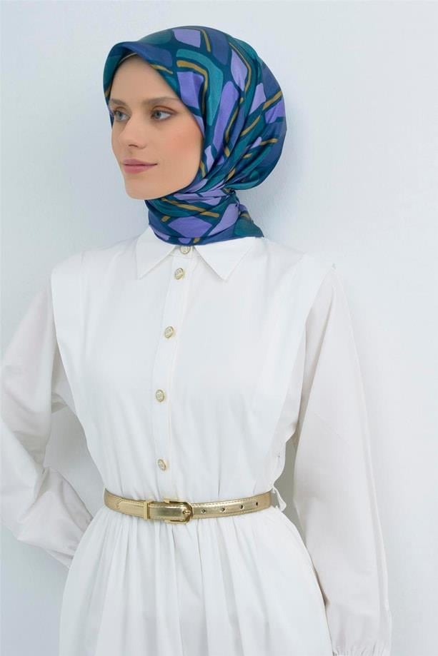 Armine Tivil Saf İpek Eşarp 9504 - 50 Lacivert Lila Soyut Desen