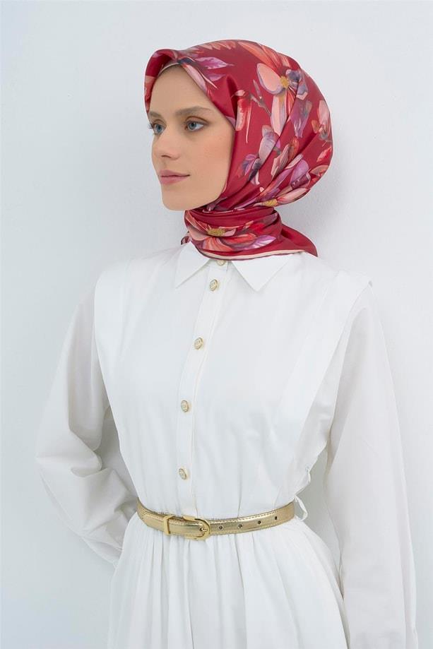 Armine Tivil Saf İpek Eşarp 9524 - 34 Kırmızı Pembe Çiçek Desen