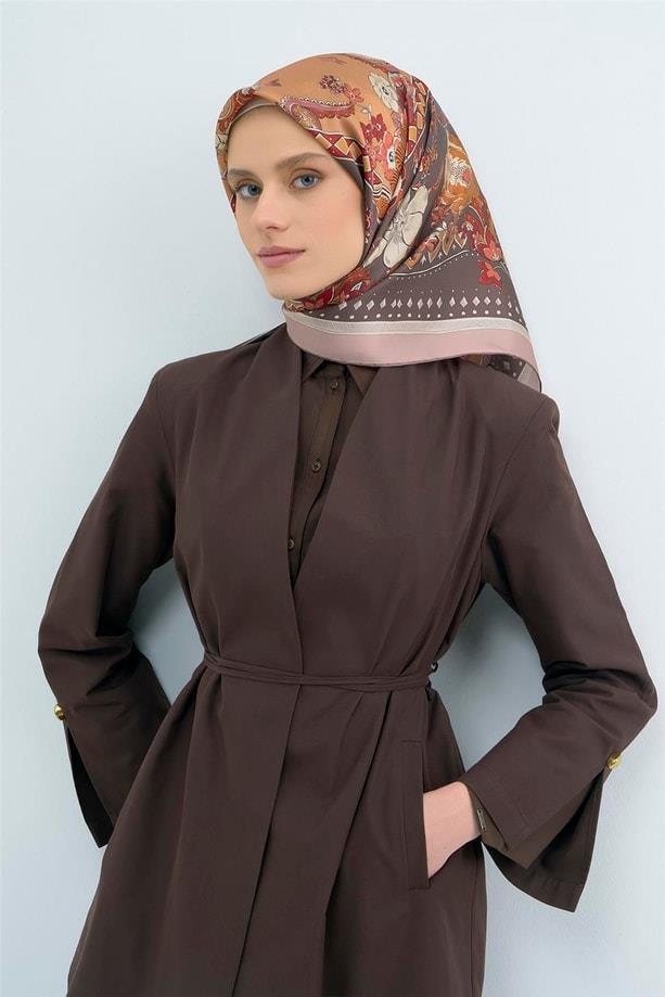 Armine Tivil Saf İpek Eşarp 9535 - 36 Kahverengi Pembe Batik Desen