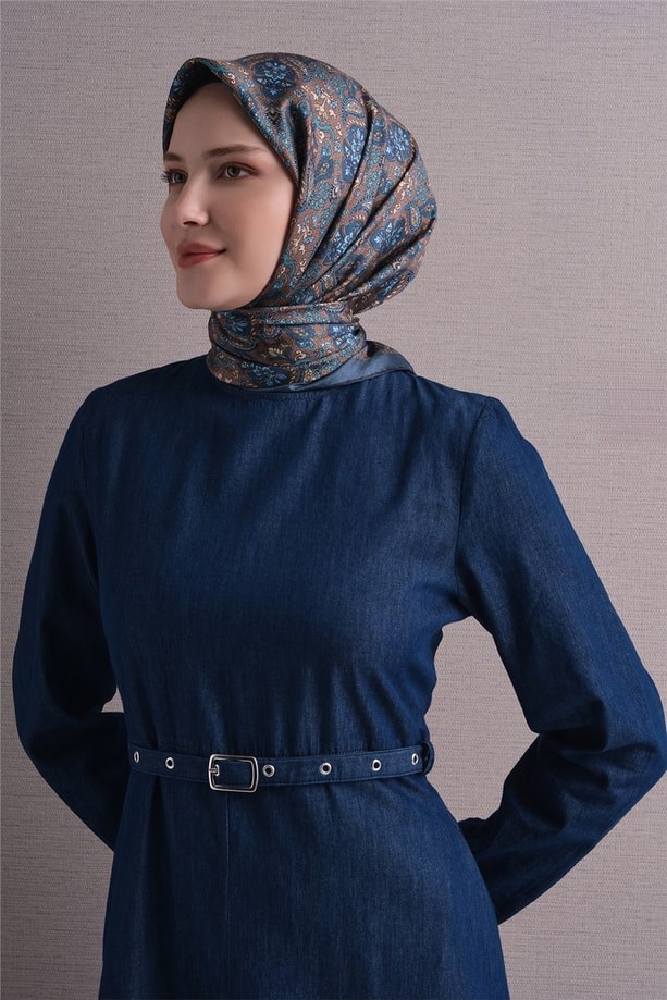 Armine Tivil Saf İpek Eşarp 9609 34 Mavi Etnik Desen 