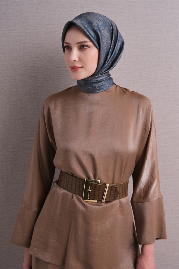 Armine Tivil Saf İpek Eşarp 9631 80 Gold İndigo Etnik Desen 