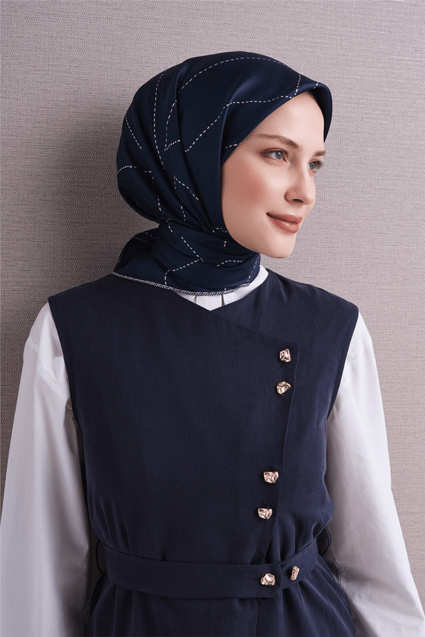 Armine Tivil Saf İpek Eşarp 9642 31 Lacivert Çizgi Desen 
