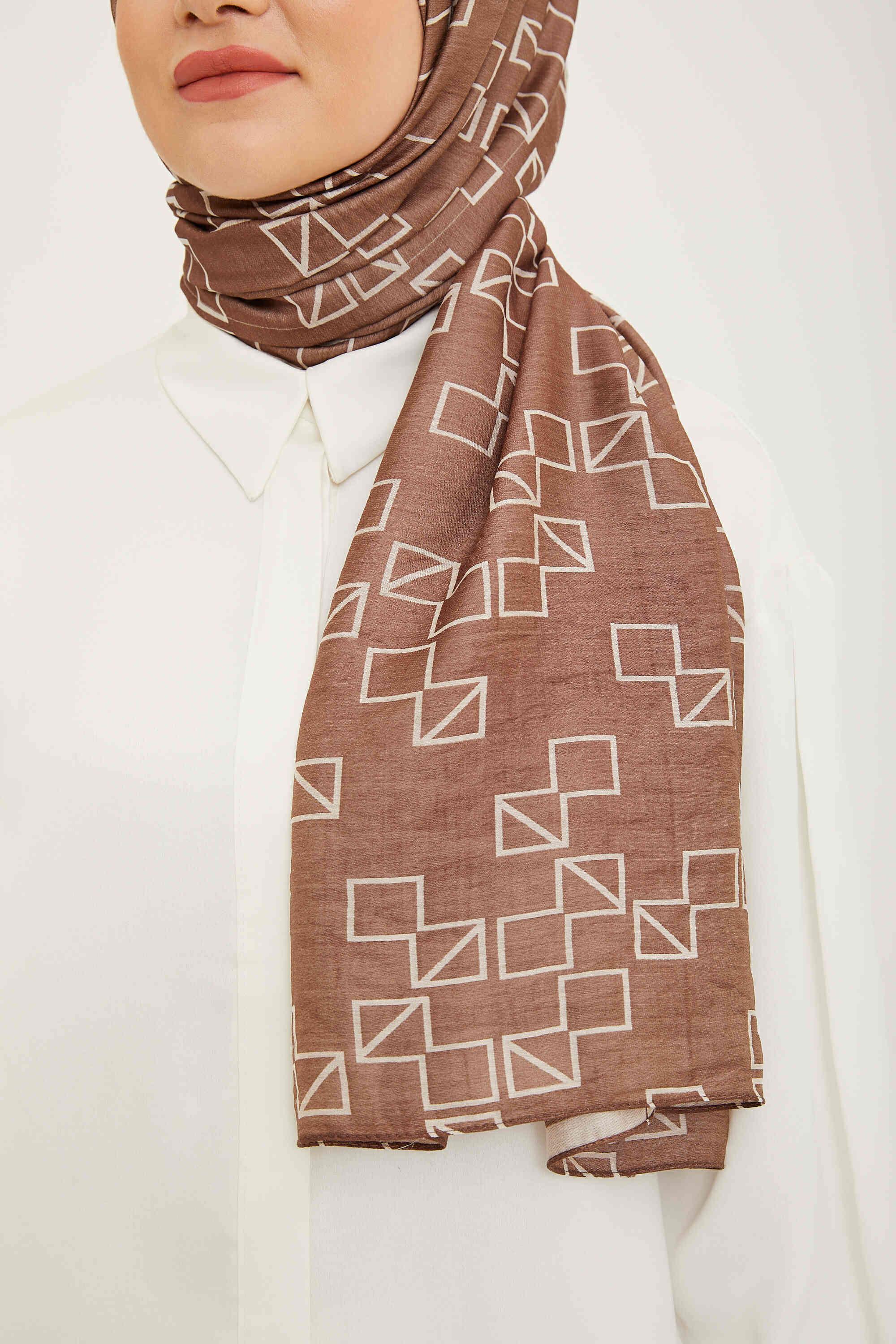 Armine Trend Kahverengi Geometrik Desenli Pure Lina Şal