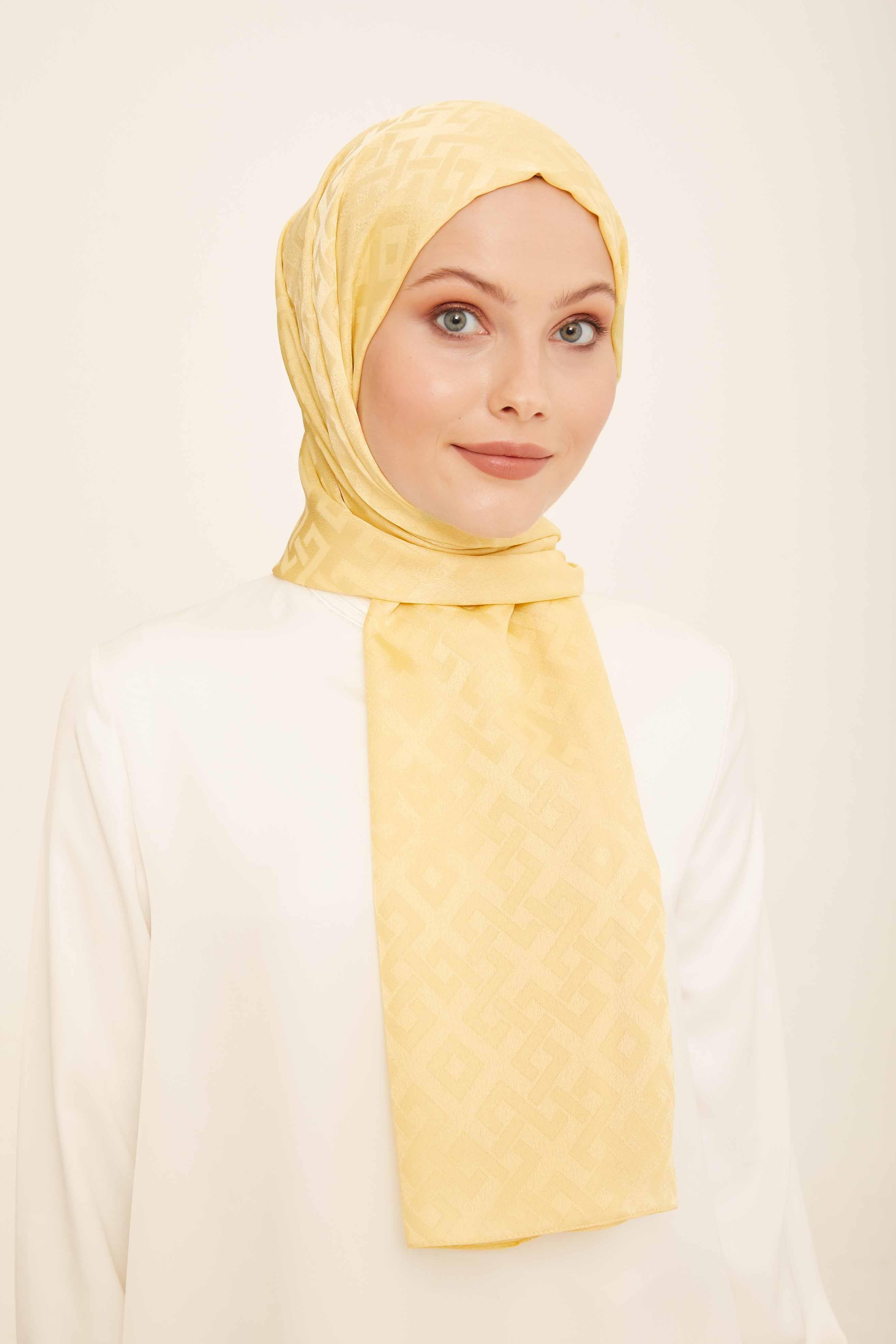 Sarı Geometrik Desenli Jakar Şal Armine Trend Modern Tasarım