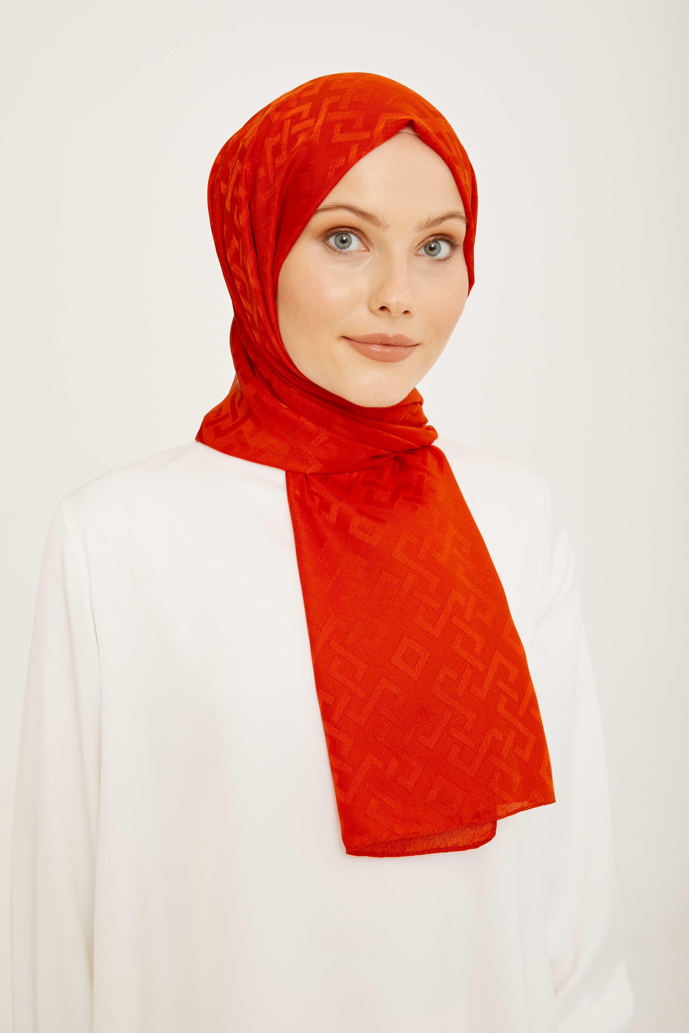 Armine Trend Turuncu Geometrik Desen Jakar Şal Modern ve Şık Aksesuar