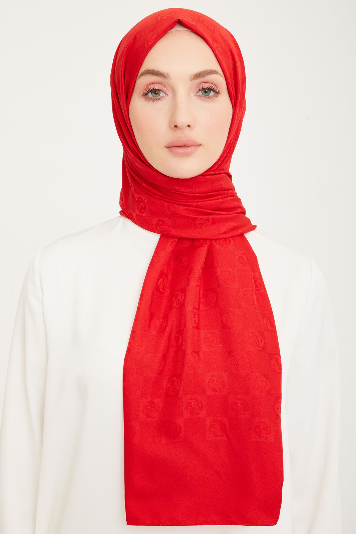 Armine Jakarlı Kırmızı A Logo Kare Desenli Şal Lüks Moda Aksesuar