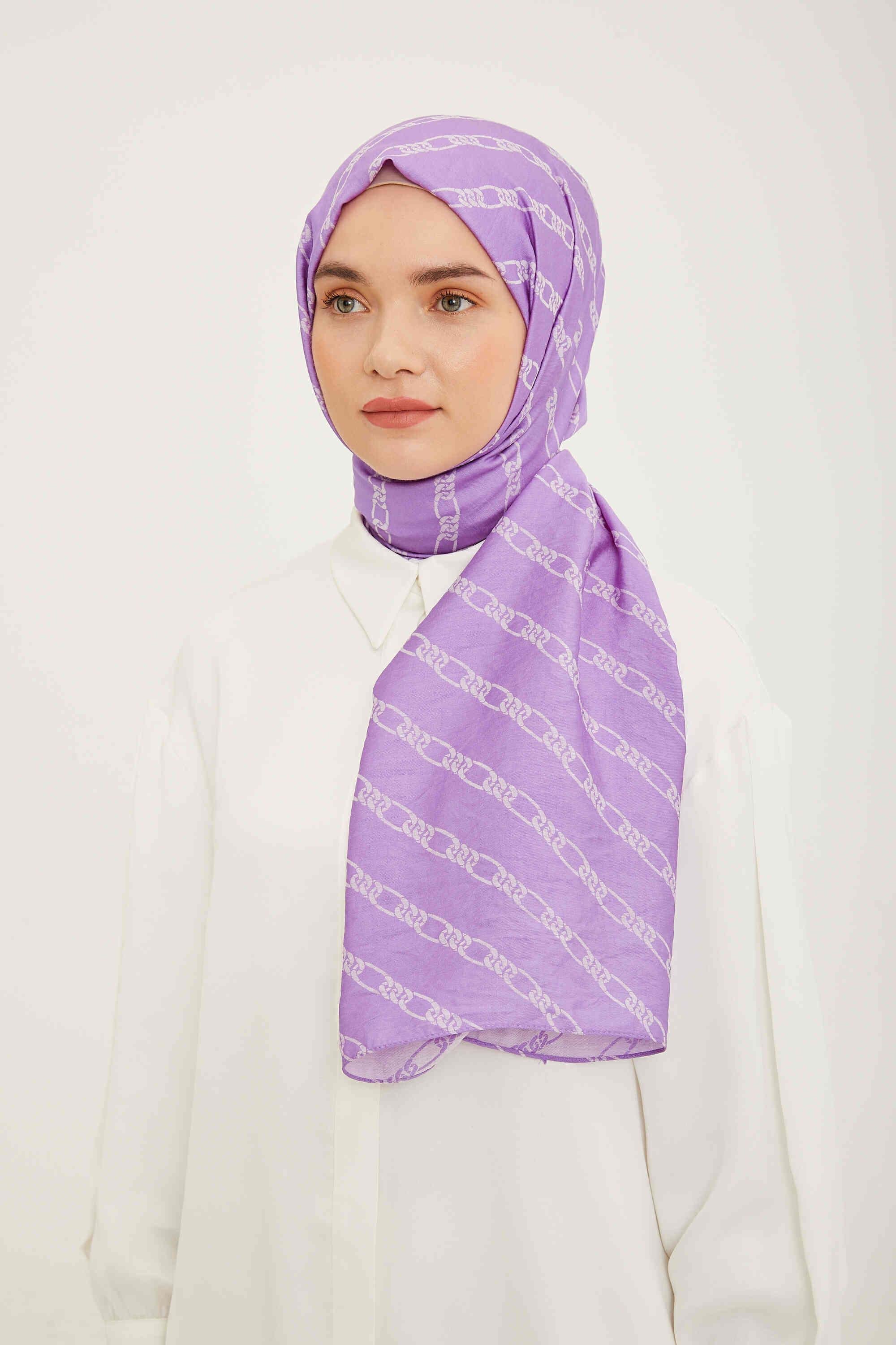 Lila Zincir Desenli Moda Şal Armine Trend Pure Lina