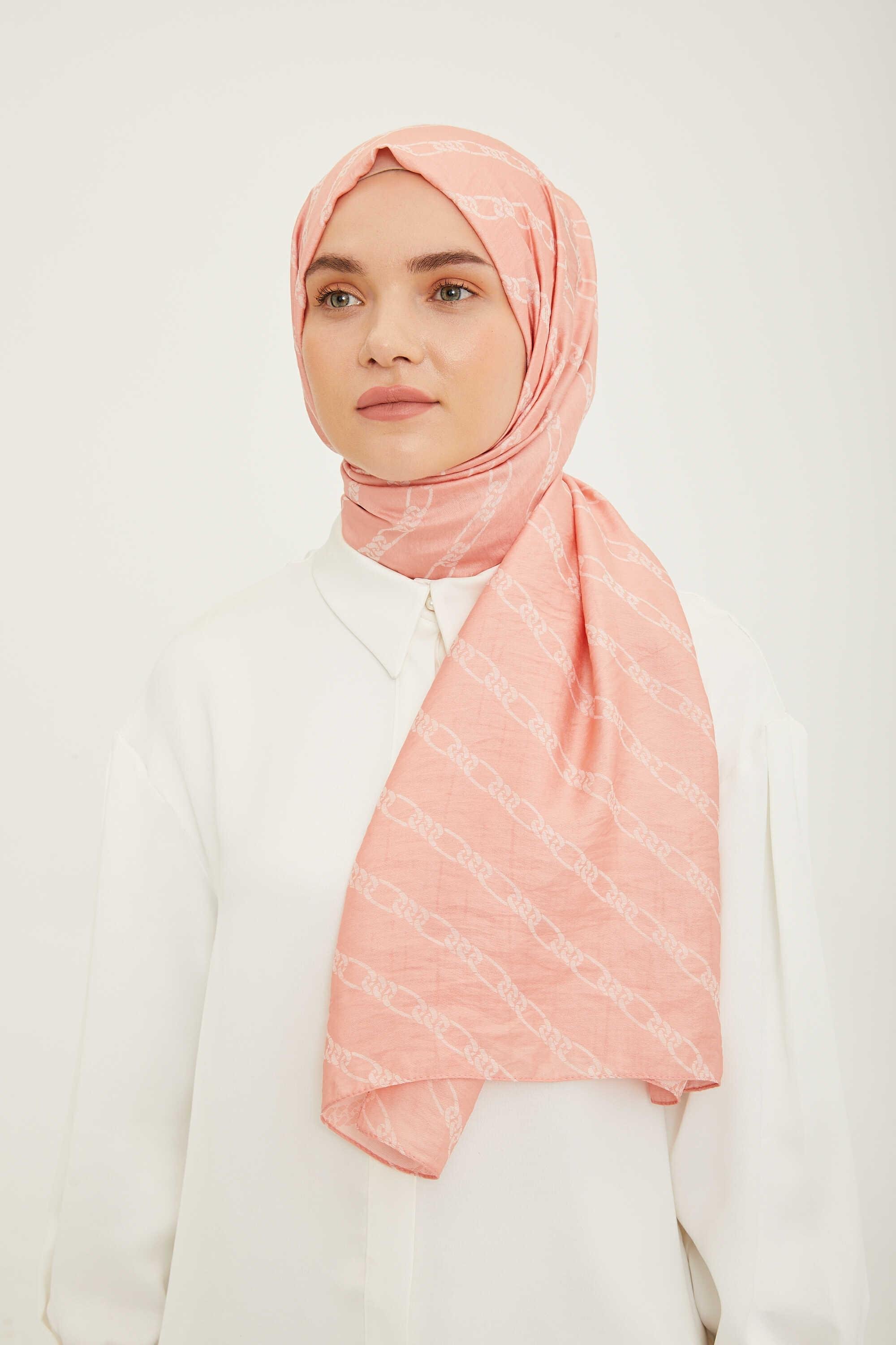 Trend Zincir Desenli Pudra Pembe Şal Armine Pure Lina