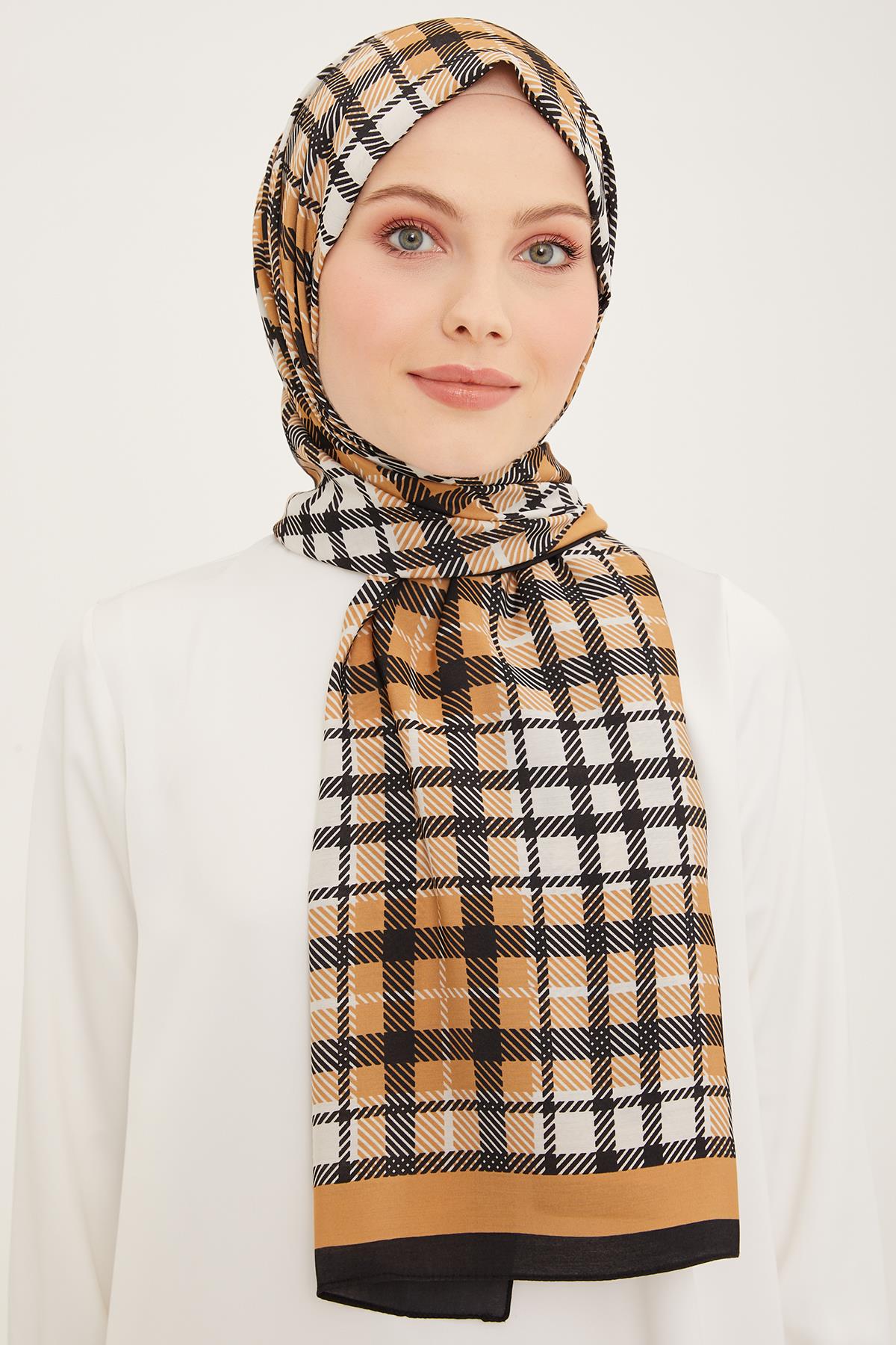 Siyah Camel Ekose Desenli Modal Şal Armine Trend Şıklık