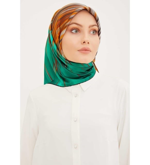 Armine Yeşil Batik Çizgi Desen Tivil İpek Eşarp  8956 - 07