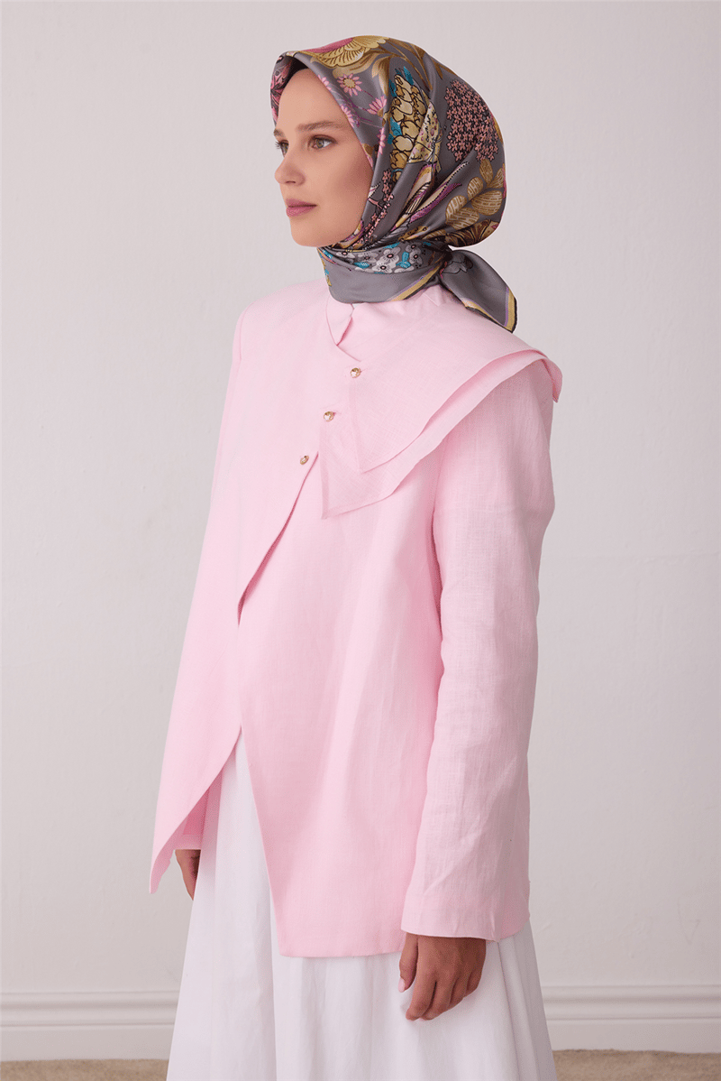 Belli Tivil İpek Eşarp 4415 81 Gri Pembe Çiçek Desen