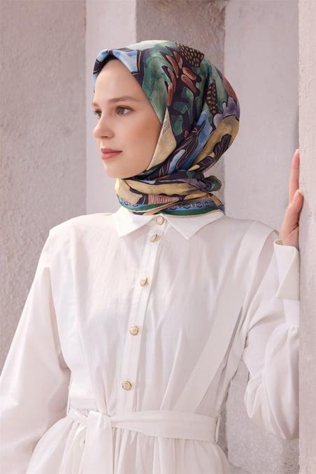 Belli Tivil Saf İpek Eşarp 4216 - 20 Mavi Yeşil Soyut Desen