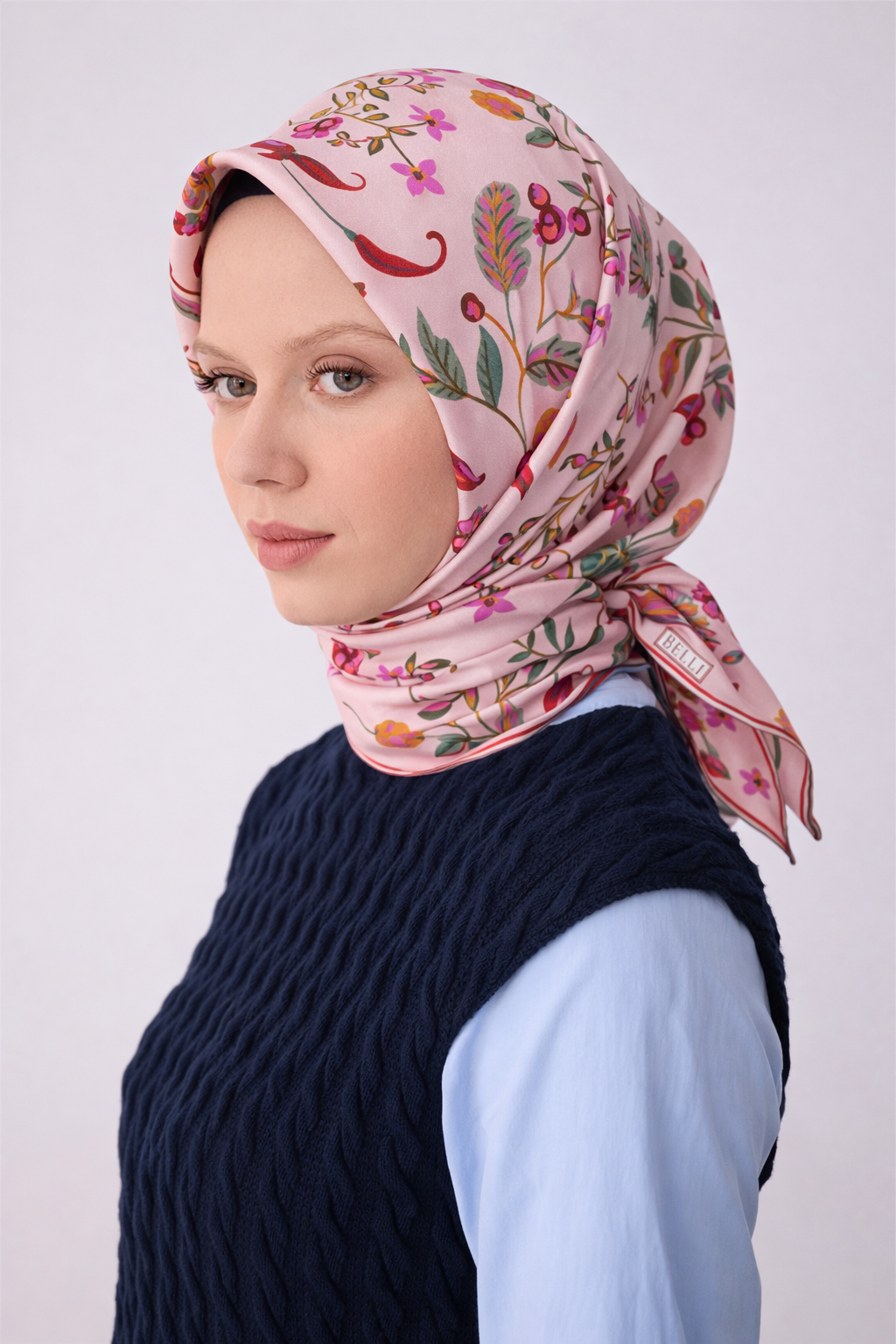 Belli Tivil Saf İpek Eşarp 4320 - 02 Pembe Biber Desen
