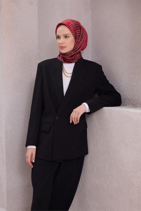 Belli Tivil Saf İpek Eşarp IST 4218 - 85 Bordo  Ekose  Desen 