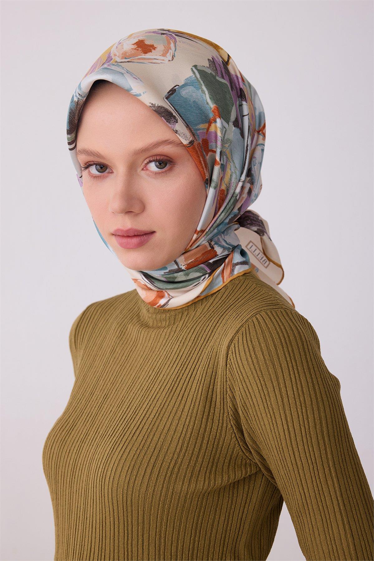 Belli Tivil Saf İpek Eşarp IST 4310 - 81 Sarı Soyut Desen