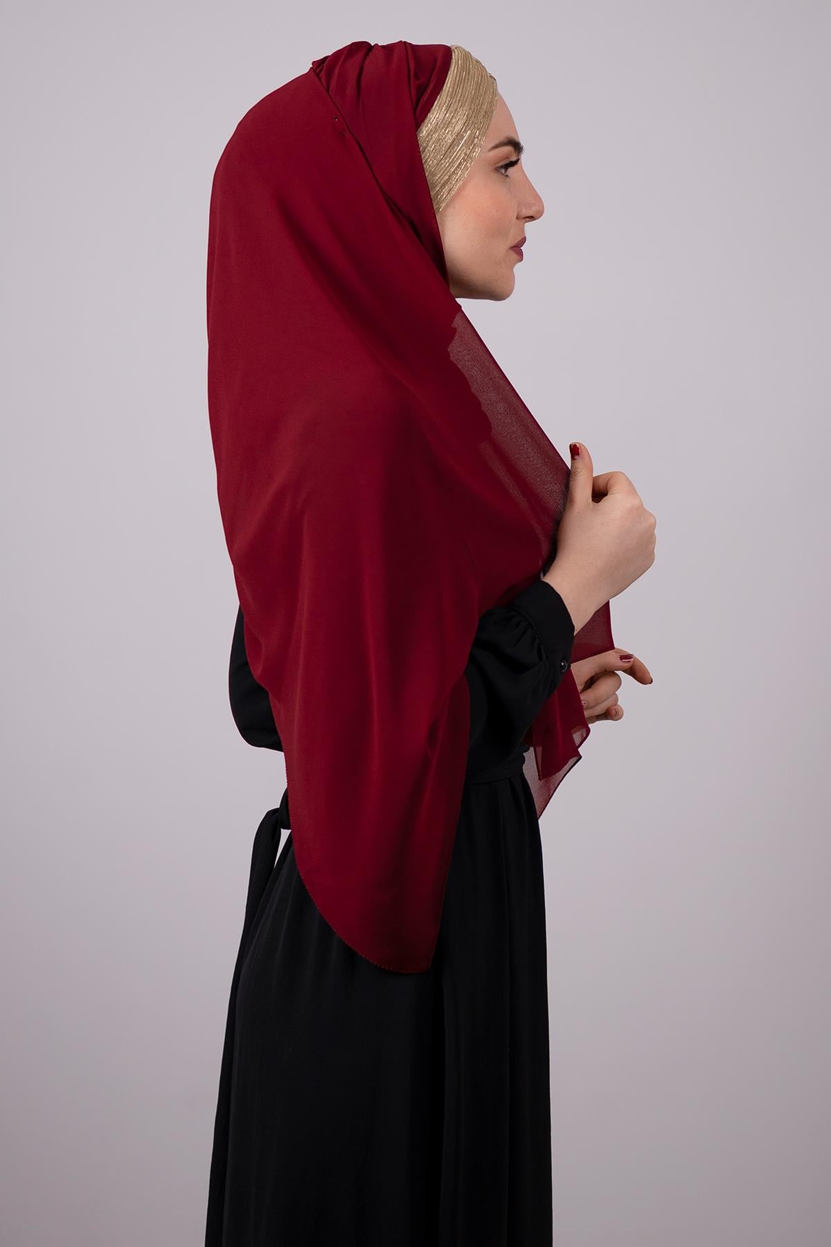 Bordo-Gold Arkadan Bağlamalı Şal Şifon Üç Bantlı Simli Pileli 1835_1602