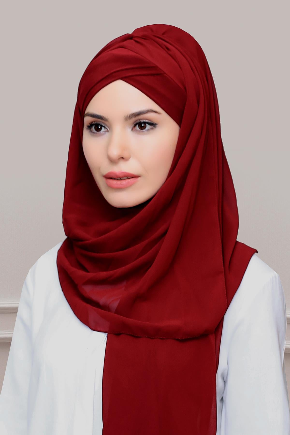 Bordo Pratik Hazır Geçmeli Bone Şal Şifon Kendinden Boneli İki Bantlı 1452_16