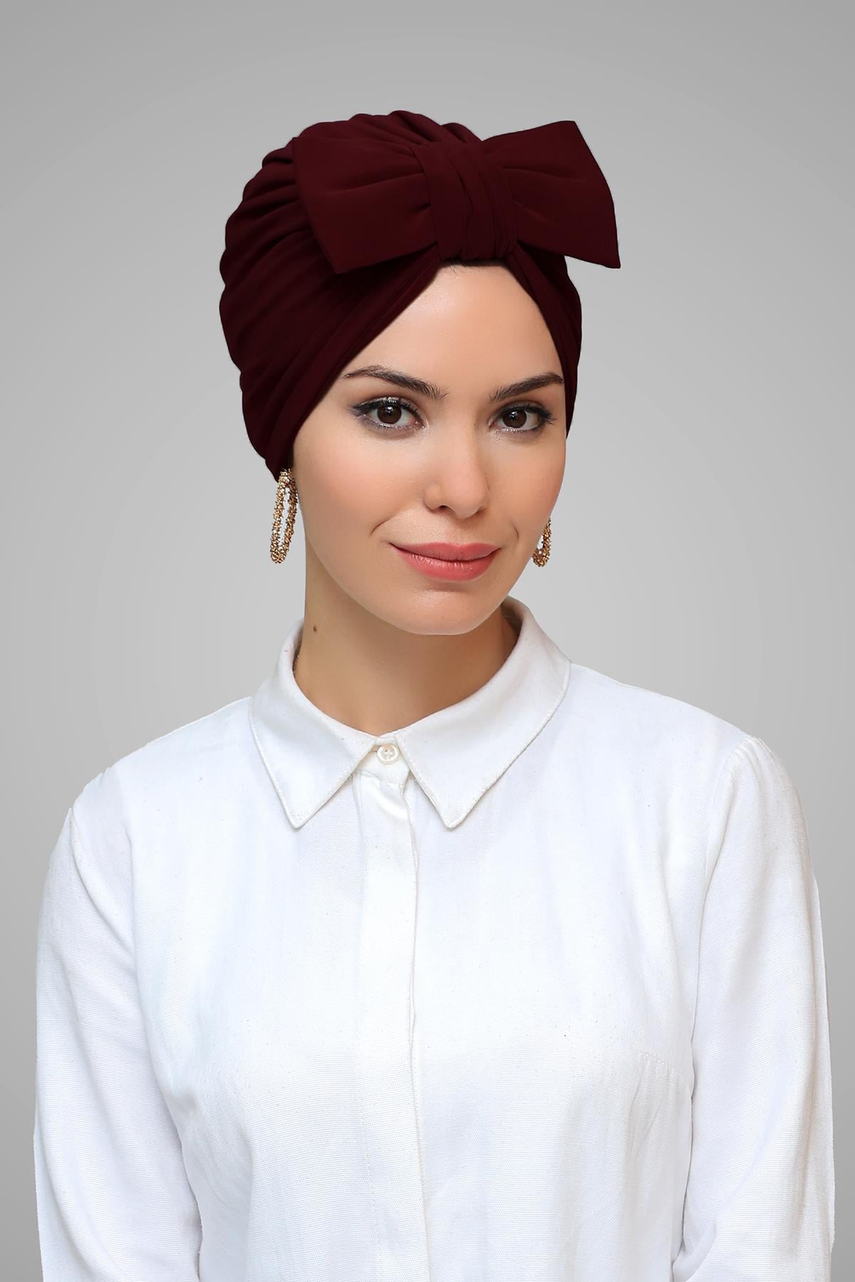 Bordo Pratik Hazır Geçmeli Tesettür Bone Sandy Kumaş Fiyonklu Büzgülü 7006_16
