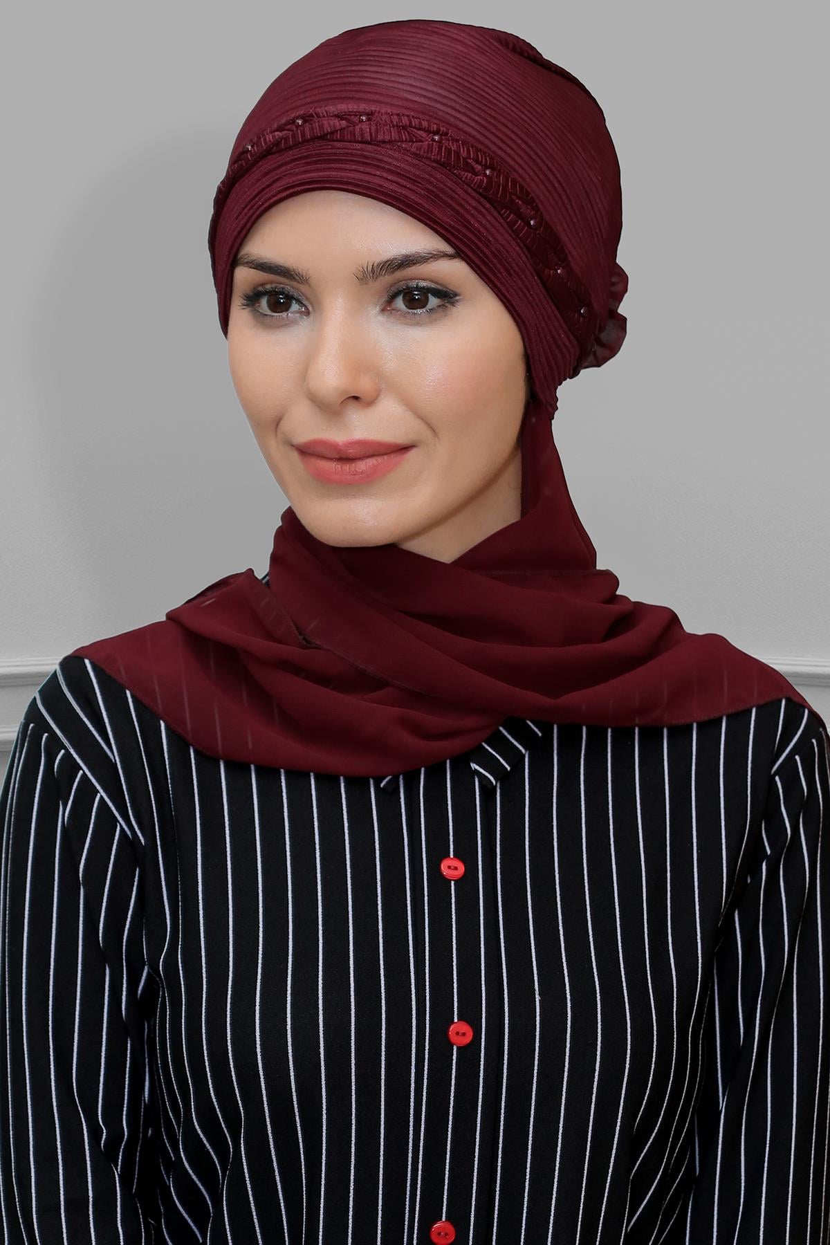 Bordo Pratik Hazır Geçmeli Tesettür Bone Fukuro Piliseli Örgülü Şifon Atkılı 1825A_16
