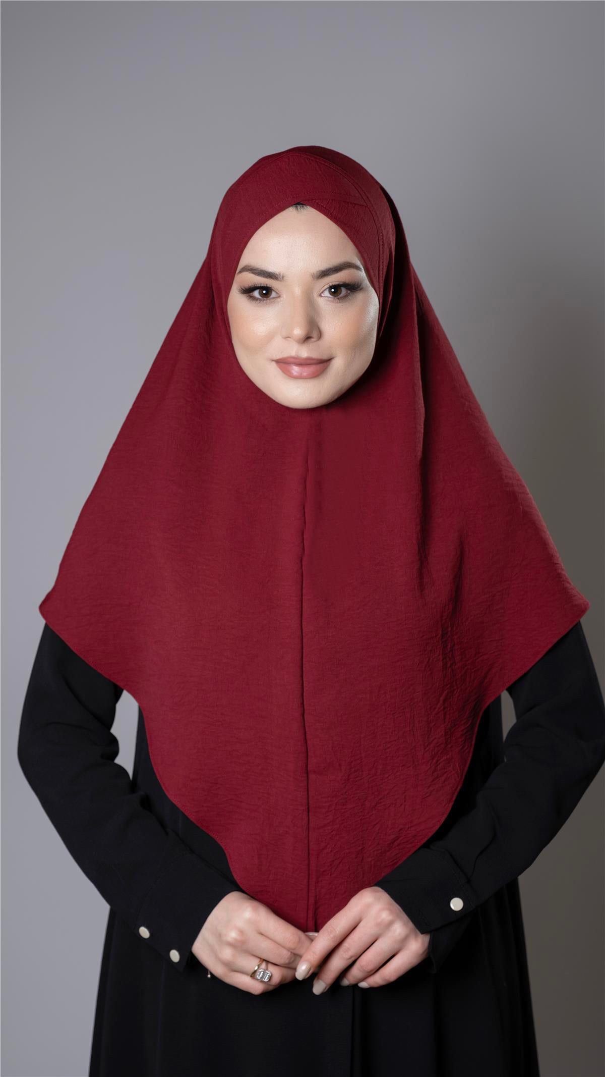 Bordo Pratik Hazır Geçmeli Tesettür Eşarp Aerobin Kumaş  Çapraz Hijab 2307_16