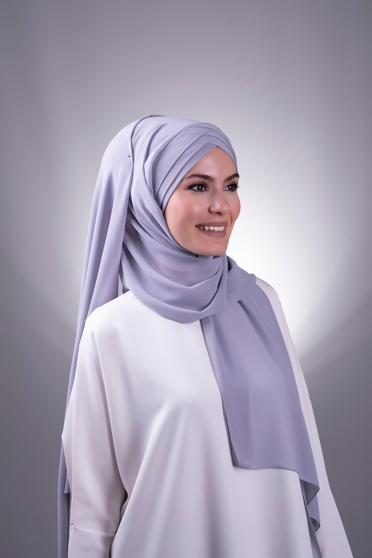 Gri Arkadan Bağlamalı Şal Şifon Çapraz Üç Bantlı 1457_15