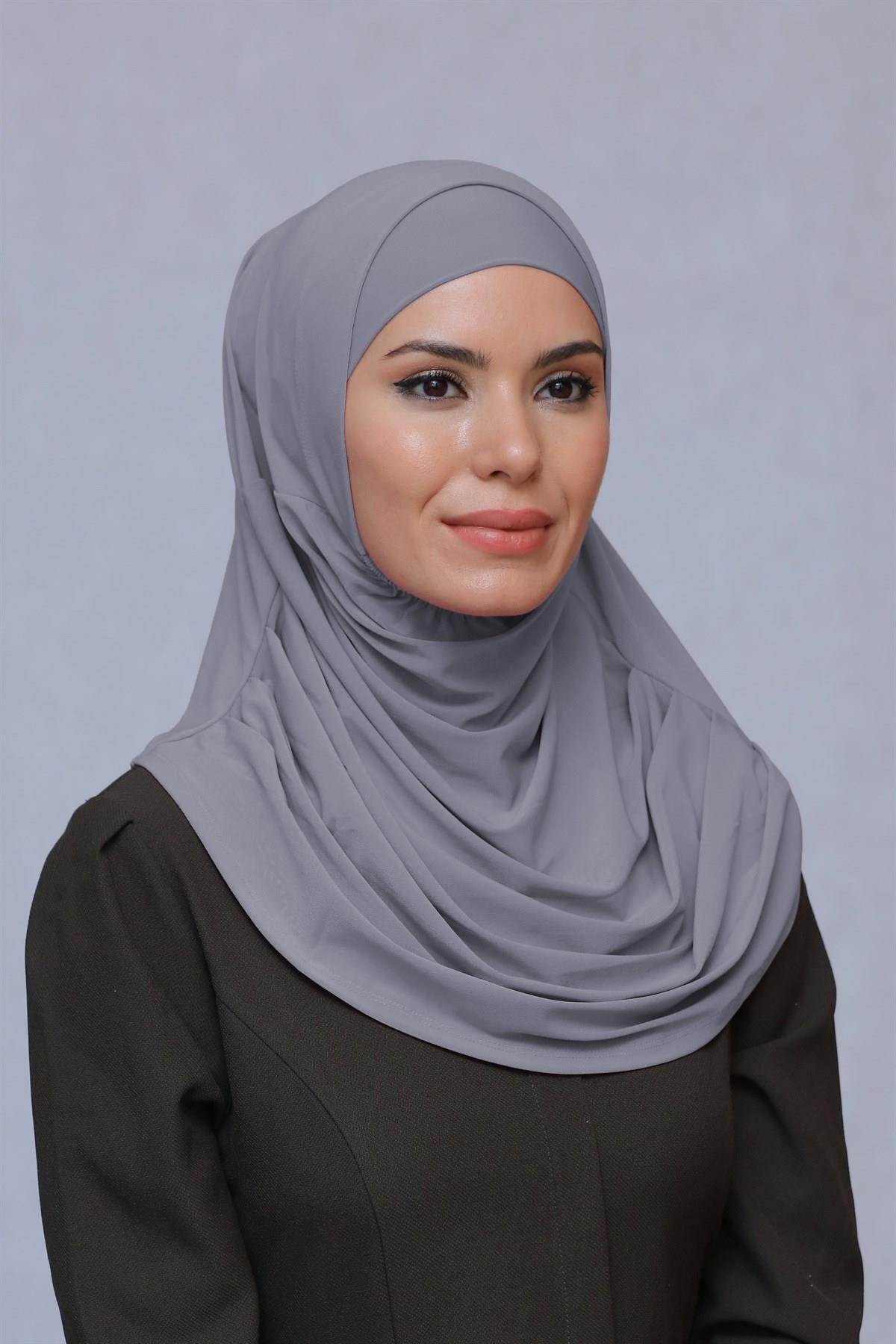 Gri Pratik Hazır Geçmeli Tesettür Eşarp Sandy Kumaş Kendinden Boneli 1290_15