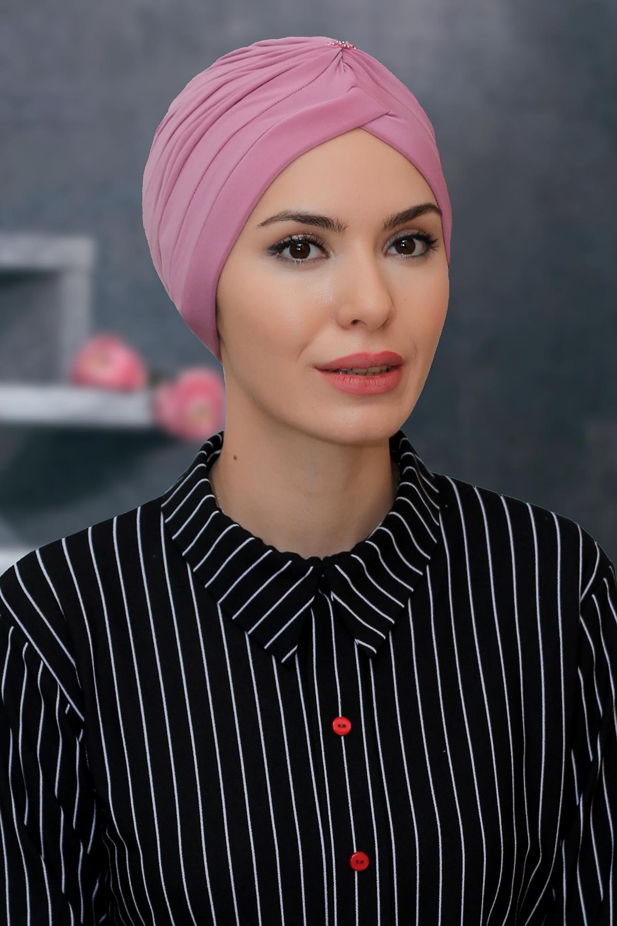 Gül Kurusu Pratik Hazır Geçmeli Tesettür Bone Sandy Kumaş Taçlı Büzgülü 1208_18