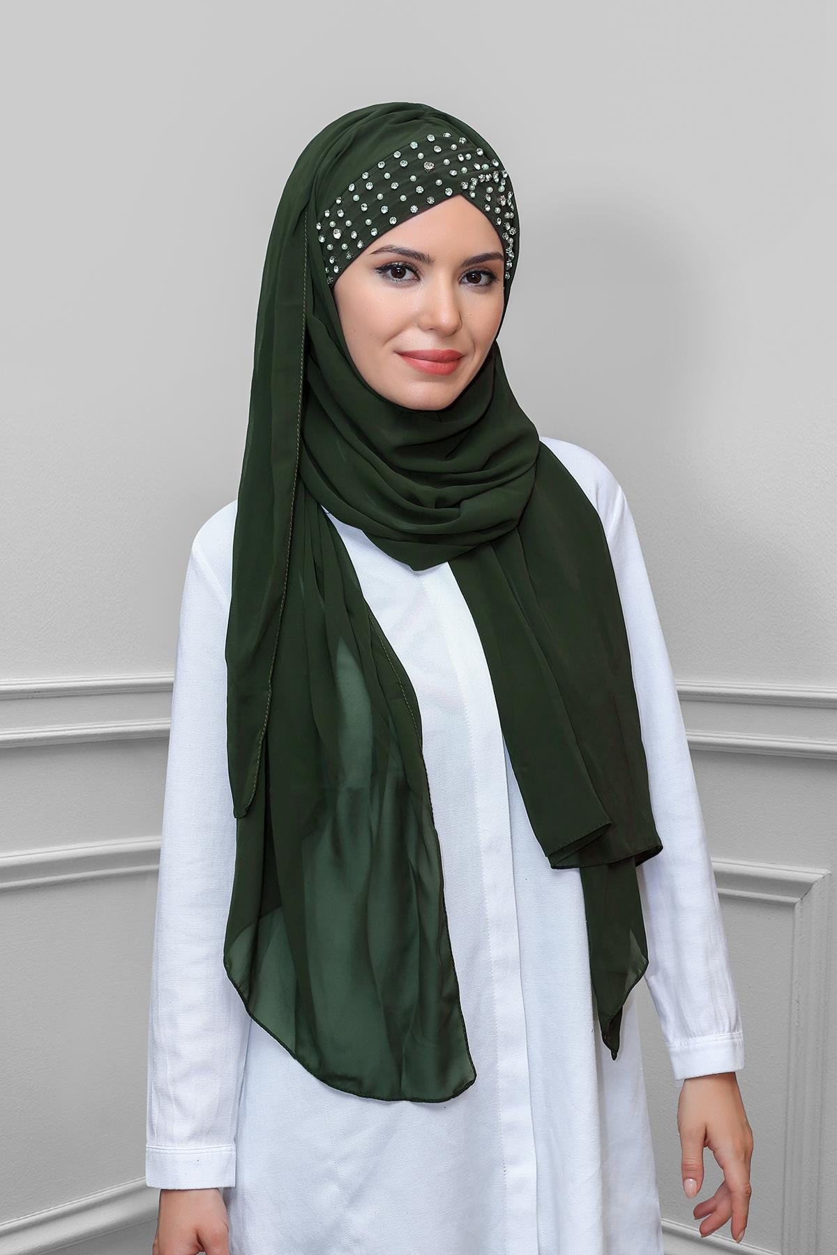 Haki Pratik Hazır Geçmeli Bone Şal Şifon Kendinden Boneli Taşlı Elişi İşlemeli 1450_09