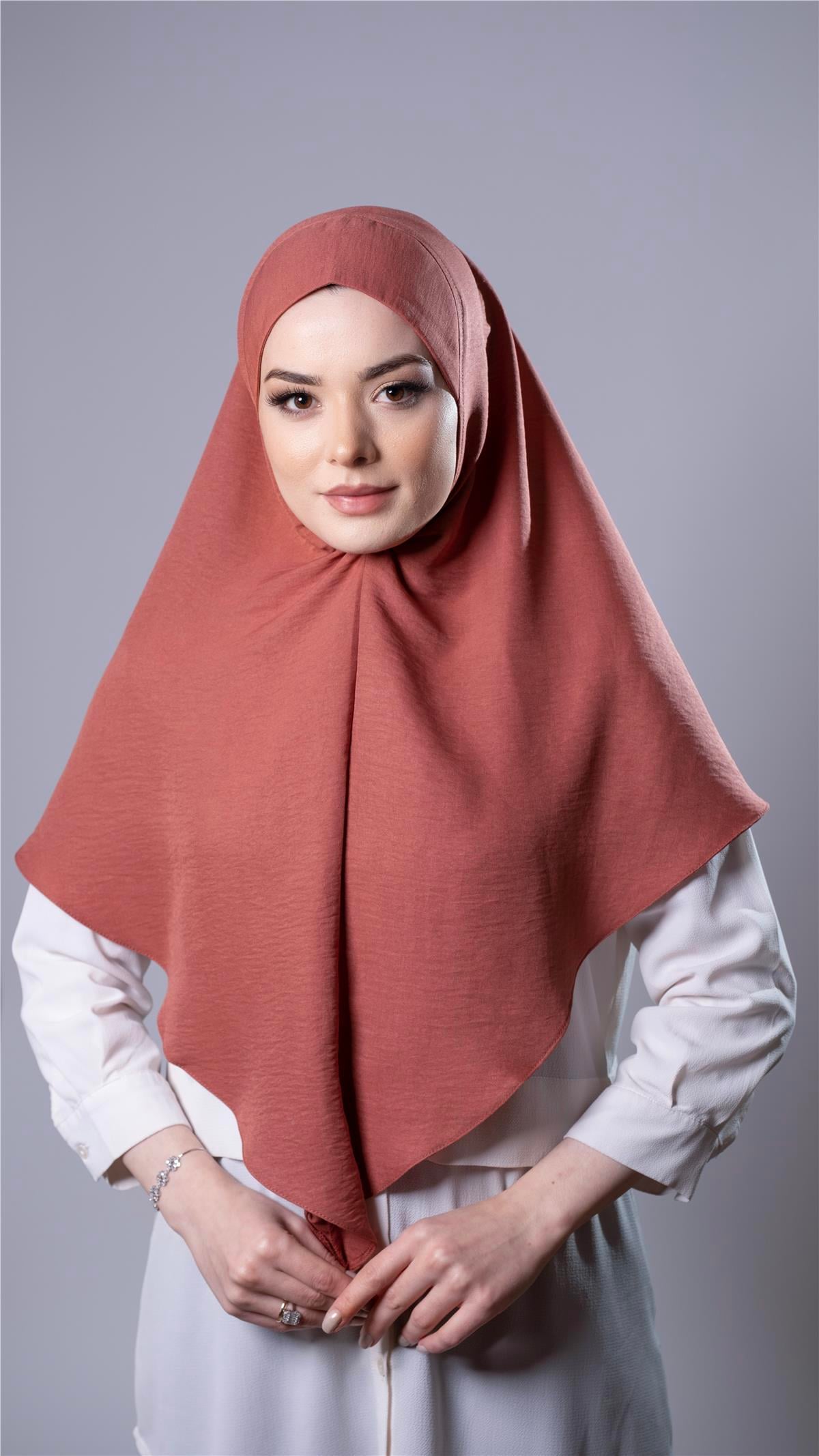 Kiremit Pratik Hazır Geçmeli Tesettür Eşarp Pamuk Caz Kumaş Düz Hijab 2306_05