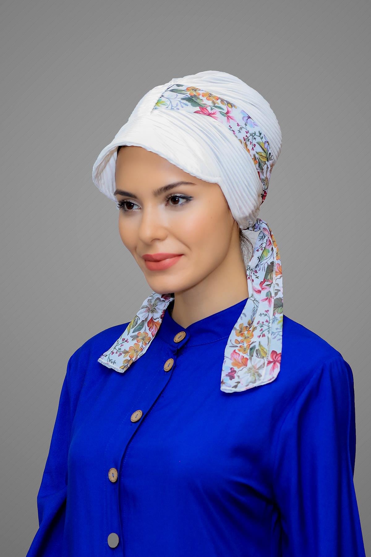 Krem Şapkalı Tesettür Bone Kesik Elyaf Desenli Şifon Kemerli 1902_40