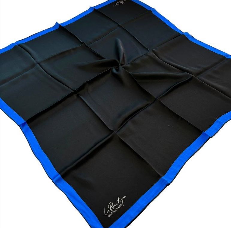La Boutique Az Hatalı Sura İpek Eşarp 55186 Siyah - Saks Mavisi Düz  Desen 