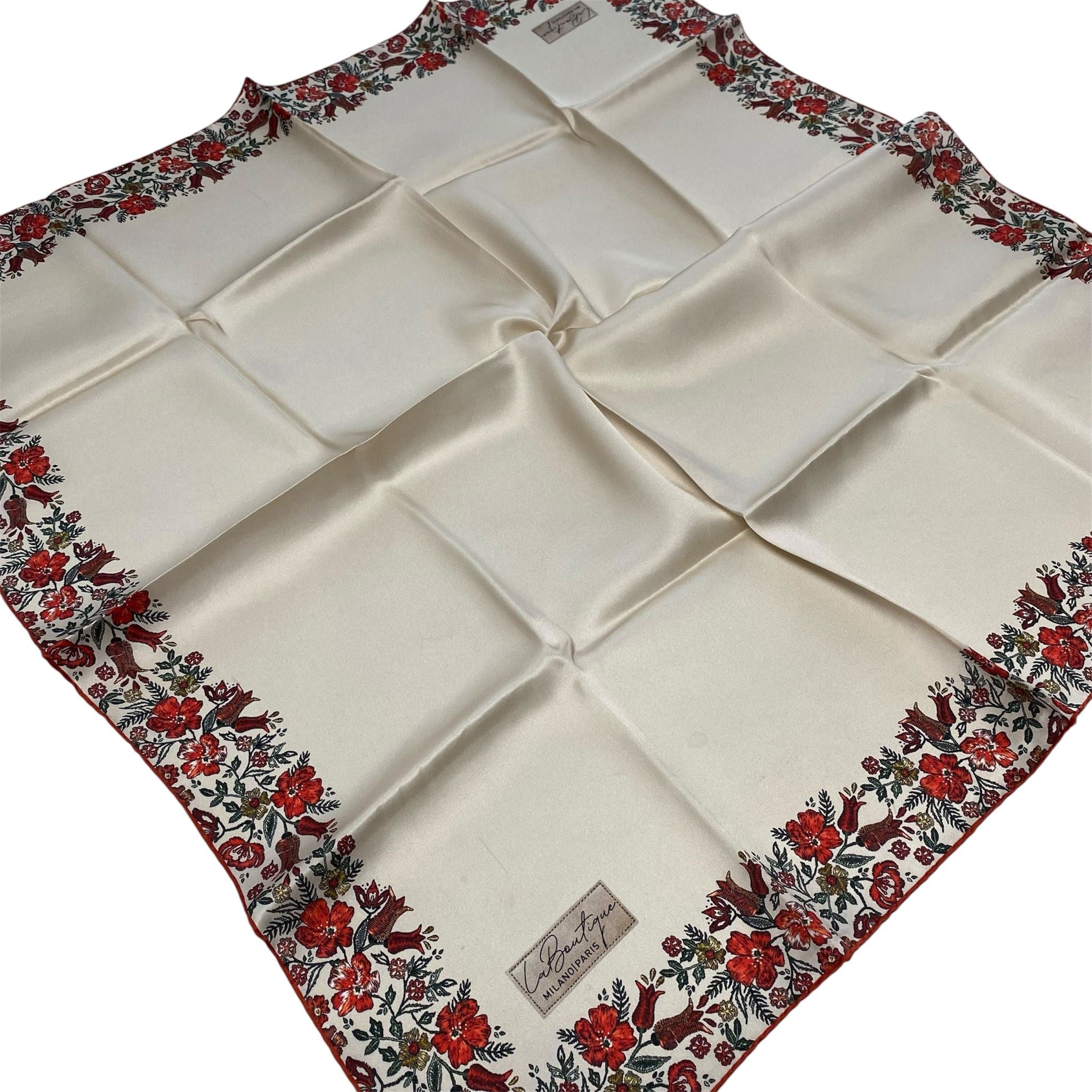 La Boutique Az Hatalı Sura Saf İpek Eşarp 54389 Ekru- Mercan Çiçek Desen 