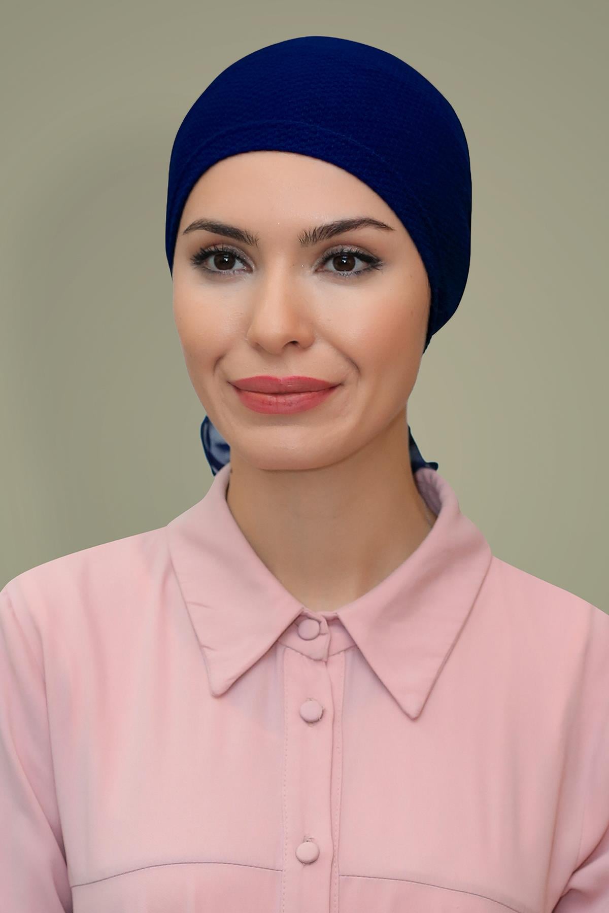Lacivert Pratik Hazır Geçmeli Tesettür Bone Petekli Güllü 1201_02