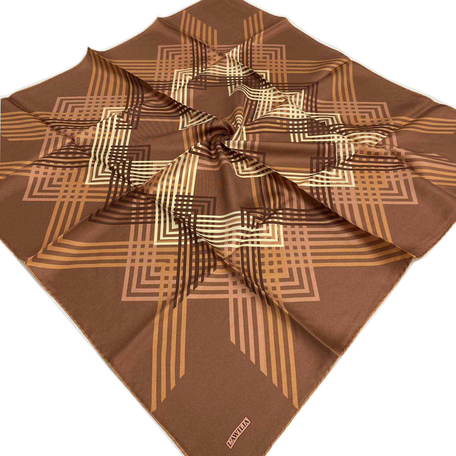 Klasik Şıklık Kahverengi Geometrik Desenli İpek Eşarp