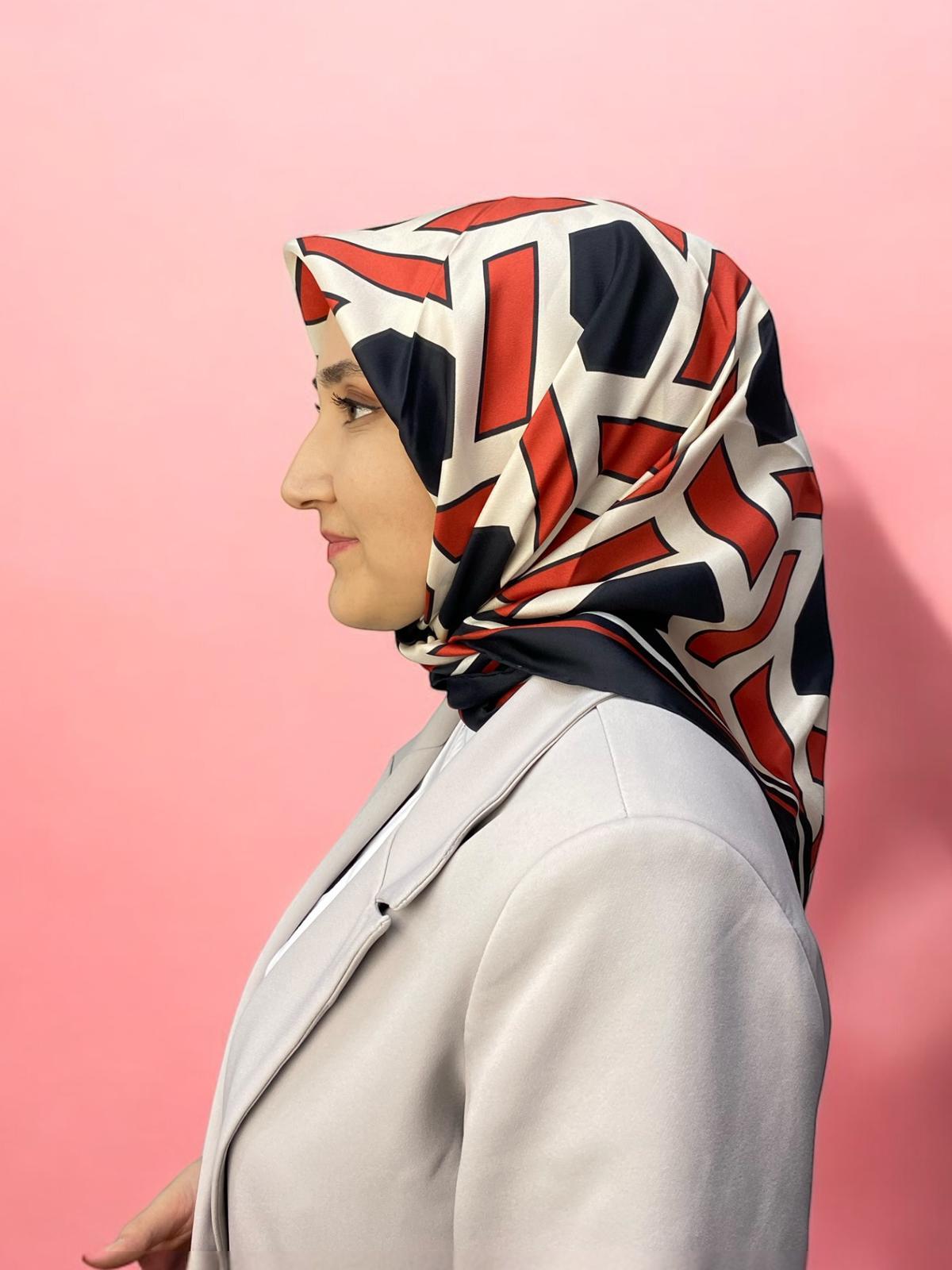 Awilia Koleksiyonu Kırmızı Siyah Tivil İpek Geometrik Eşarp Elegance