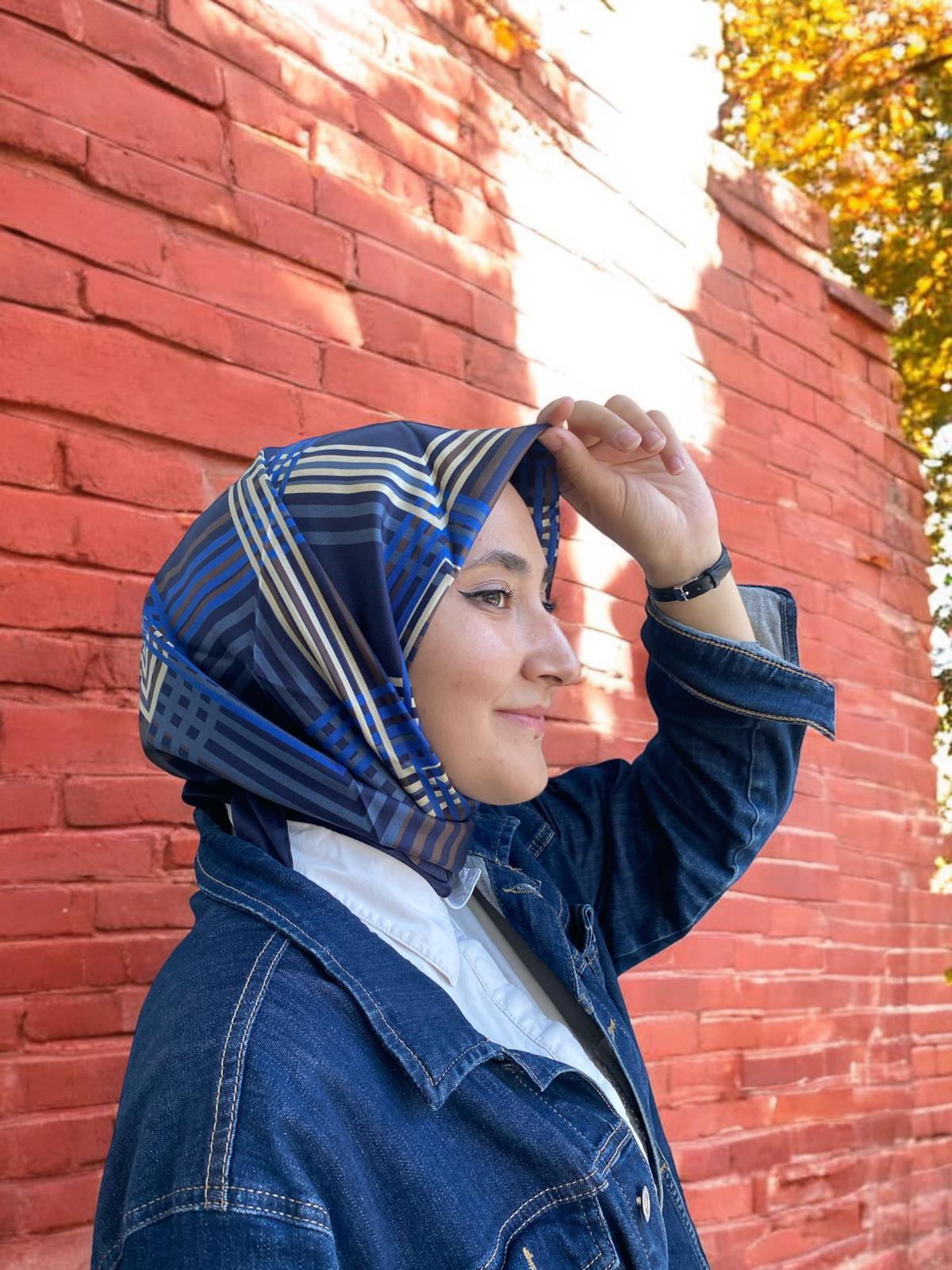 Moda Lacivert Mavi Geometrik Desenli İpek Eşarp Yumuşak Tivil Kumaş