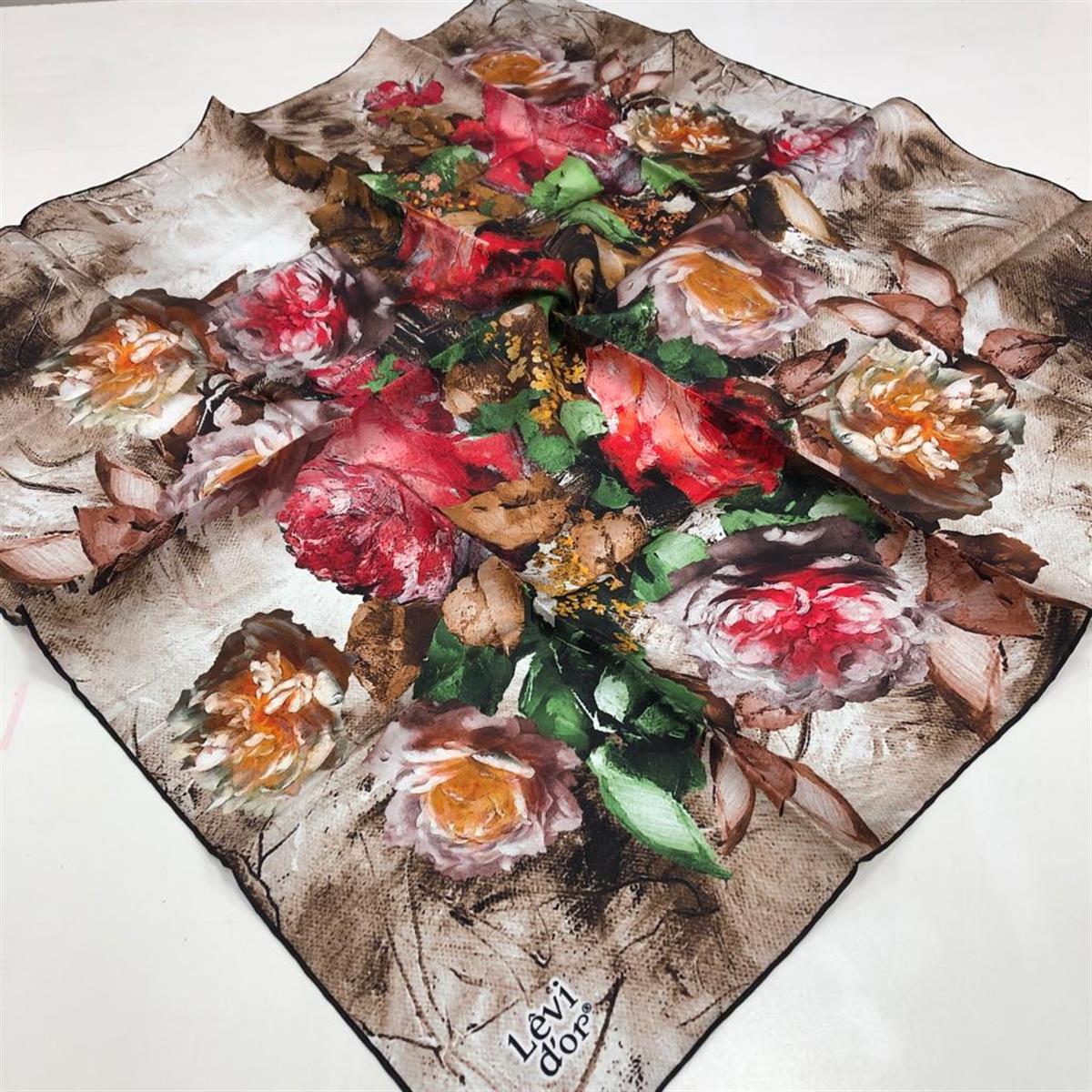 Bej Çiçek Desenli Lüks Tivil İpek Eşarp