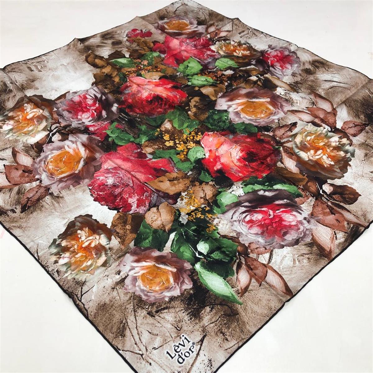 Bej Çiçek Desenli Lüks Tivil İpek Eşarp