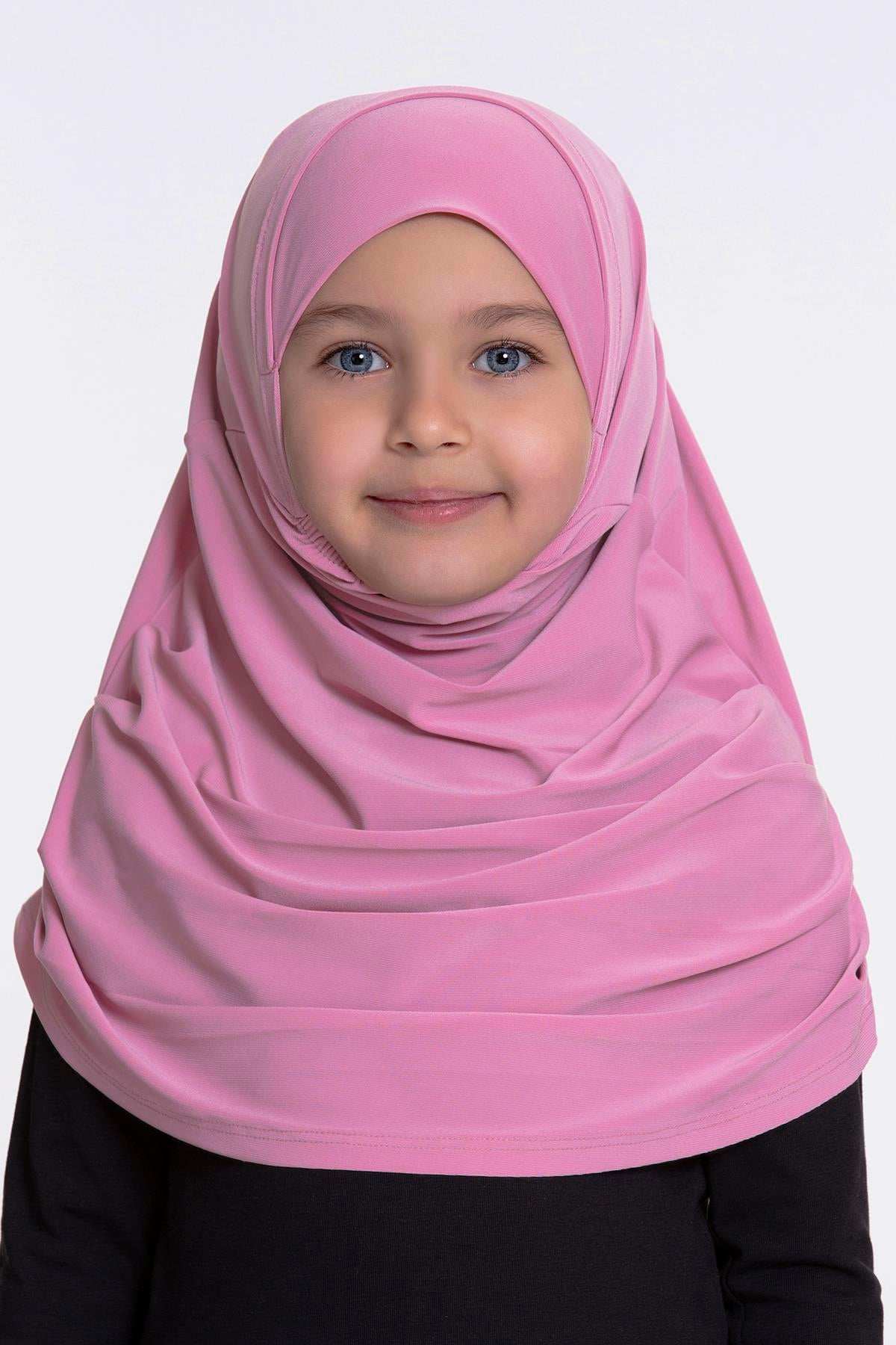 Pembe Pratik Hazır Geçmeli Çocuk Tesettür Bone Sandy Kumaş Kendinden Boneli 78_04