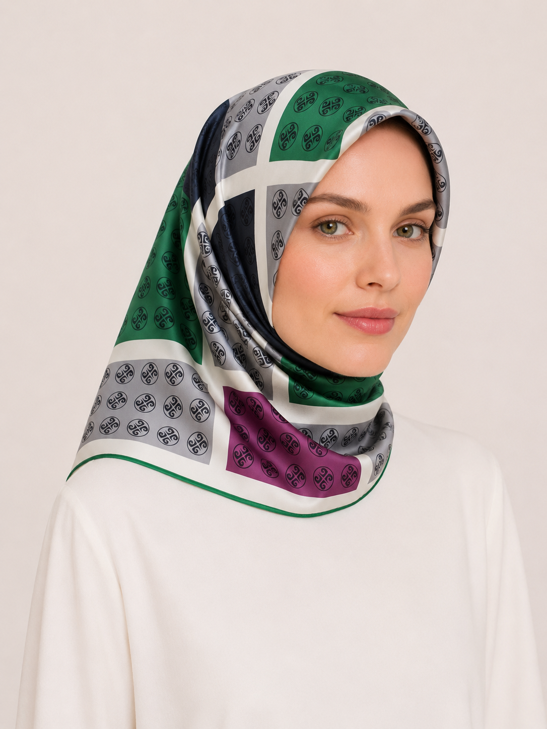 Pierre Cardin Gray Green Mixed Pattern Twill Silk Scarf 8803438-951